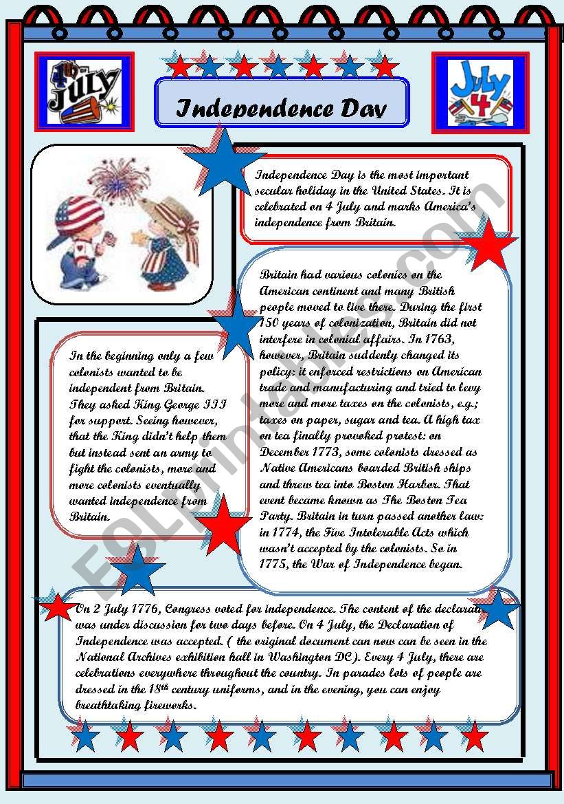Independence Day 4 July  READING  COMPREHENSION 2PAGES