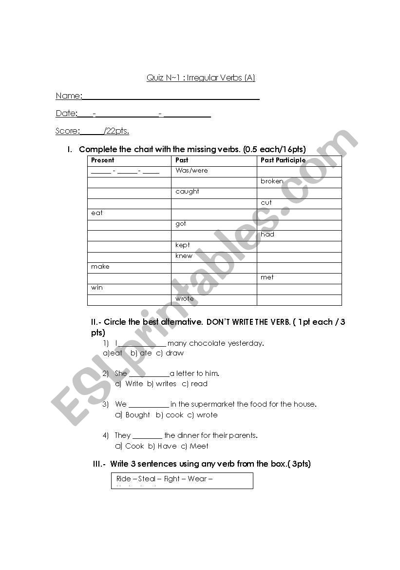 Irregular verbs Quiz A worksheet