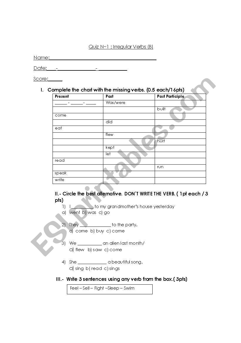 Irregular verbs Quiz b worksheet