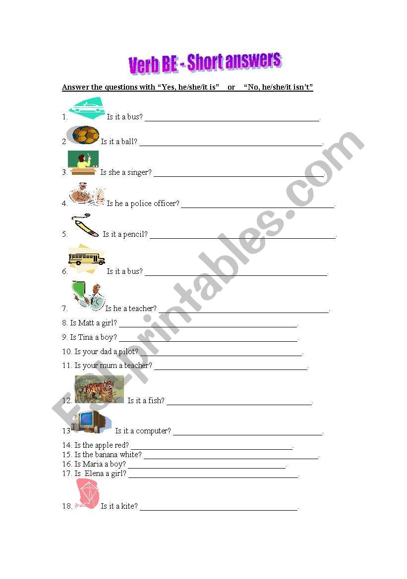 Verb Be - Short answers worksheet