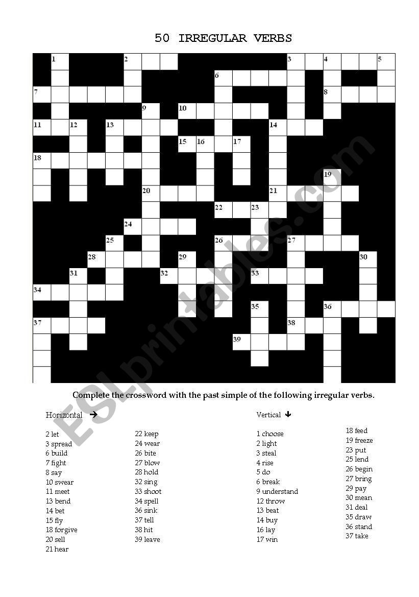 50 Irregular verbs crossword worksheet