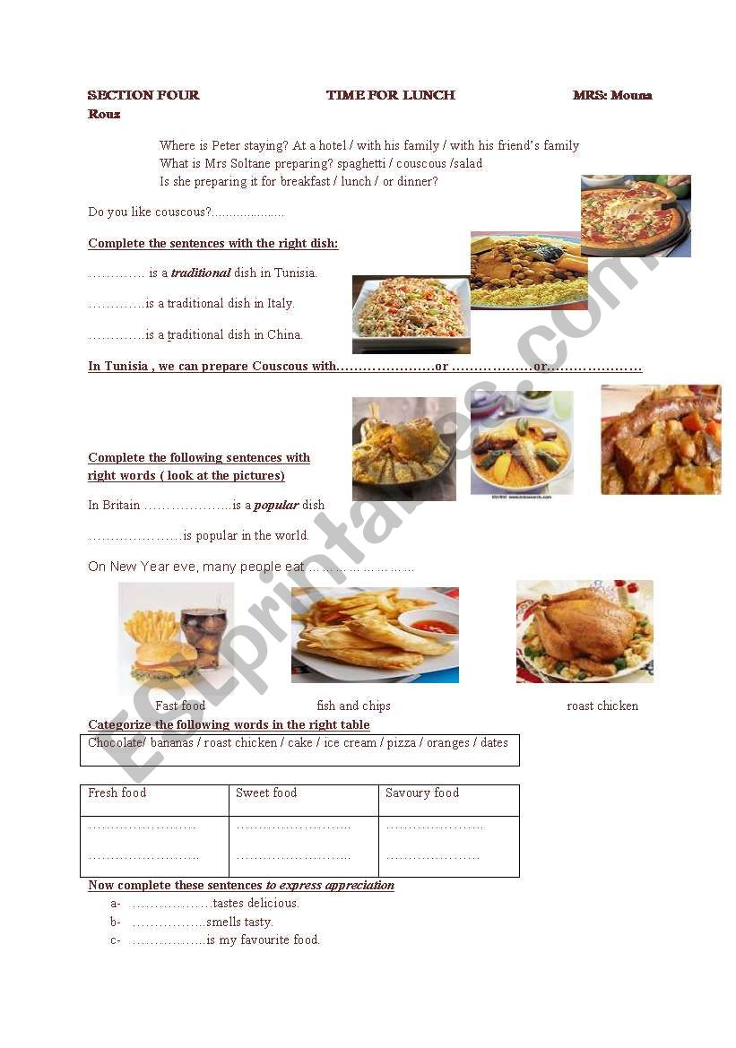 food worksheet