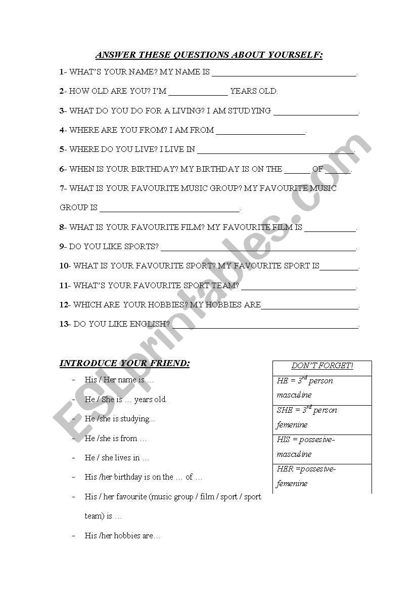 Getting to know you! worksheet