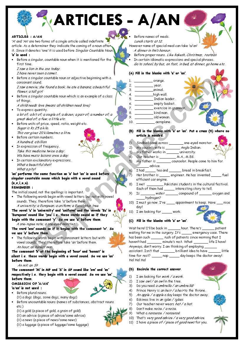 Indefinite Articles A Or An With Answer Key Esl Worksheet By Vikral