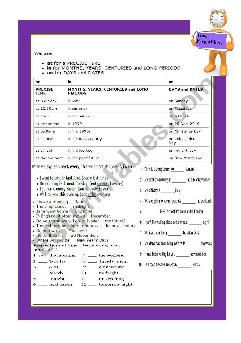 prepositions of time worksheet