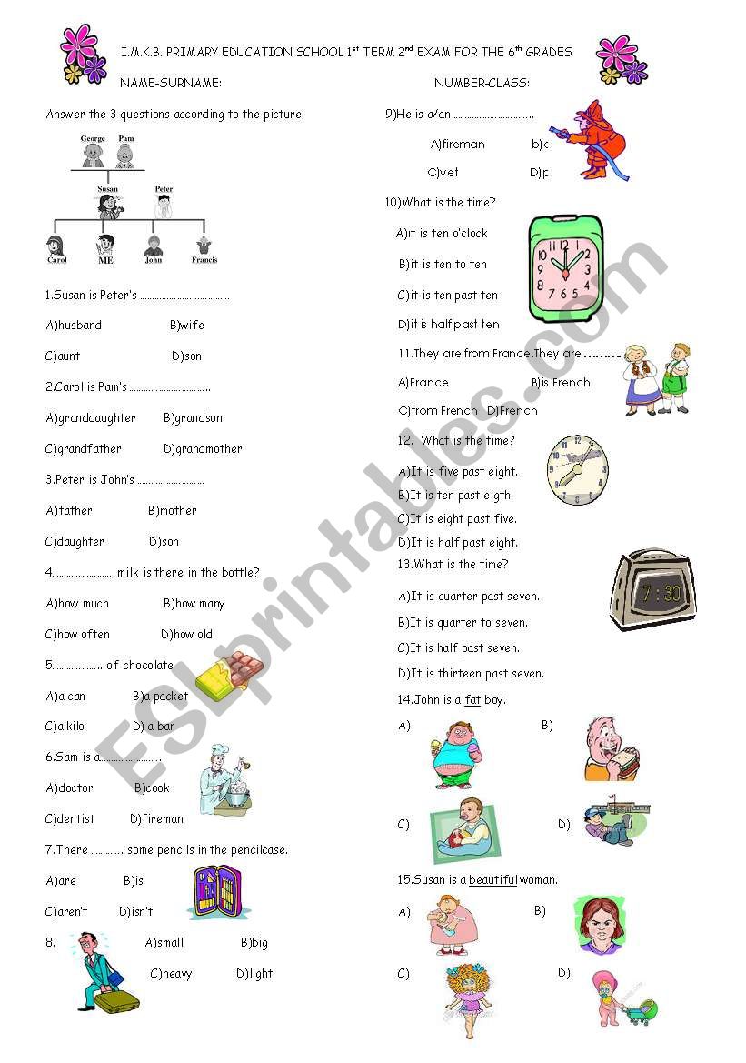 6th grade exam worksheet