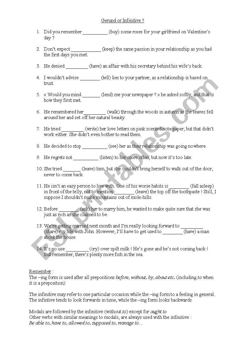 Valentines day practice of gerund and infinitves