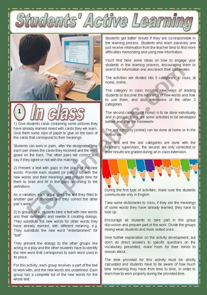 Students Active Learning - ideas, suggestions, sites & softwares to make students co-responsible for the learning process - 2 pages (fully editable)