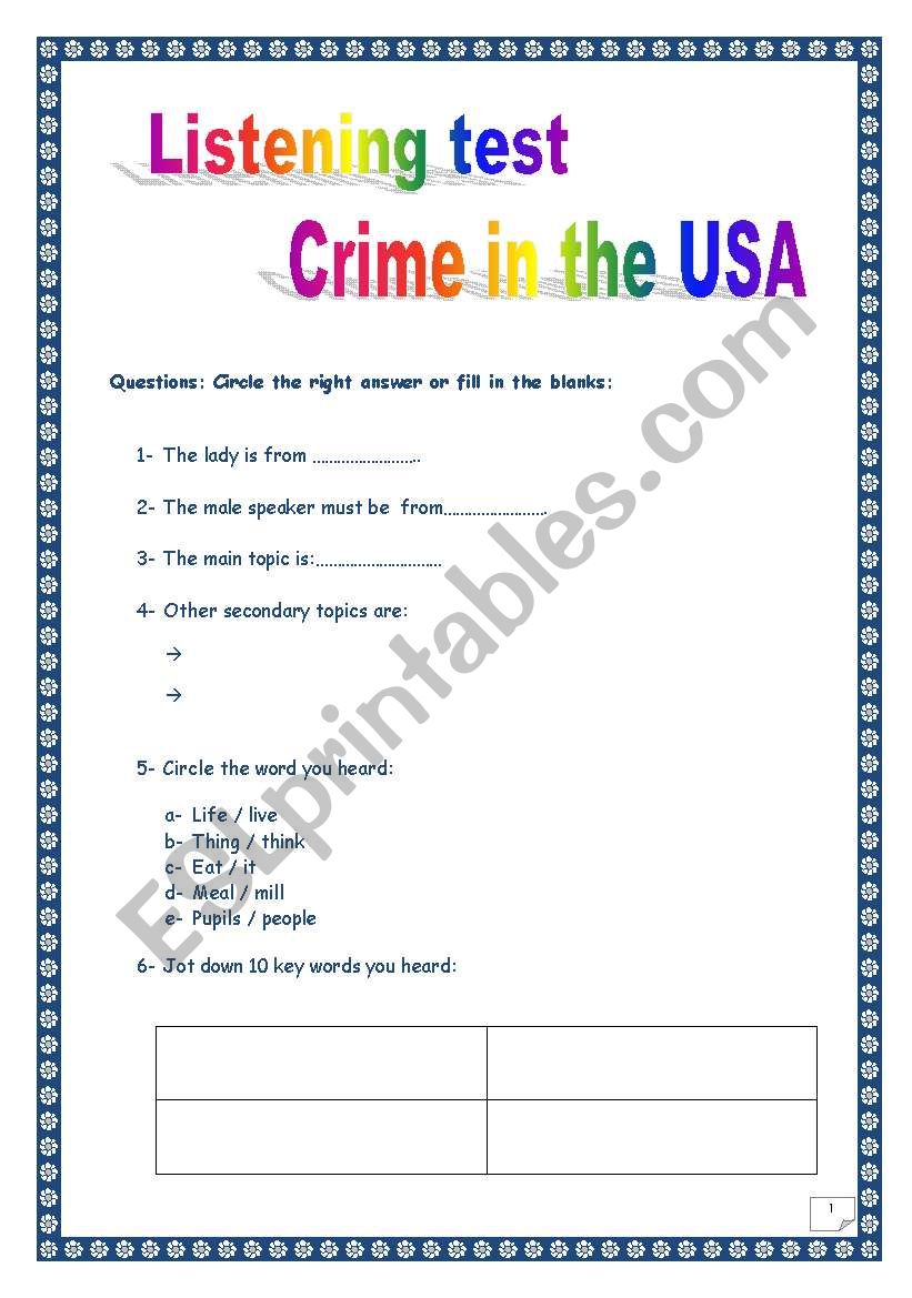 LISTENING TEST- CRIME IN AMERICA (6 pages, 6 tasks, full script, references, & link to the audio file, comprehensive project & KEY)