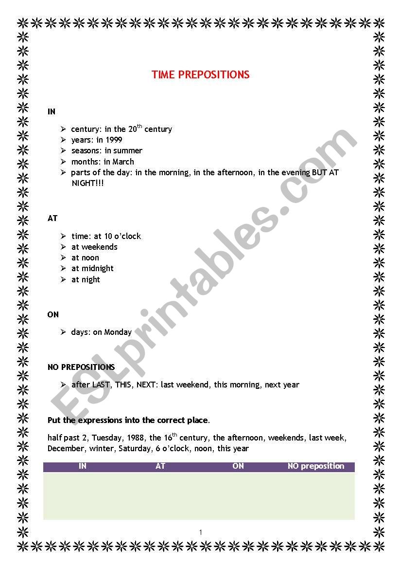 Time prepositions worksheet