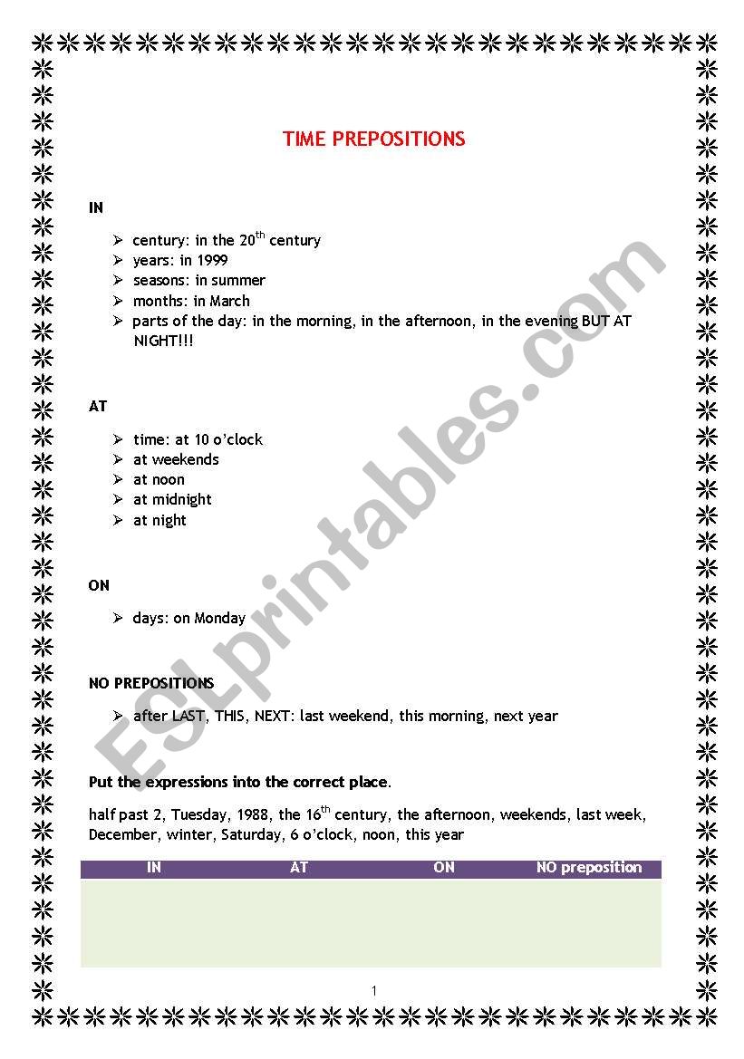 Time prepositions worksheet