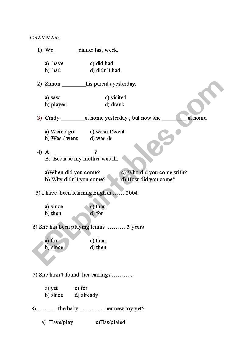 test on grammar worksheet