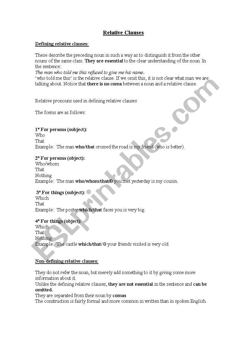 Defining and non defining relative clauses