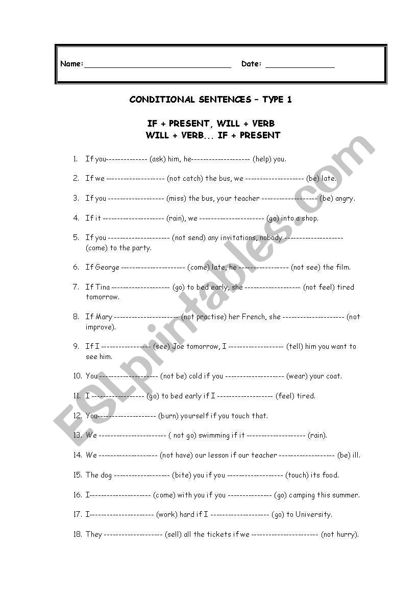 Conditional sentences type I worksheet