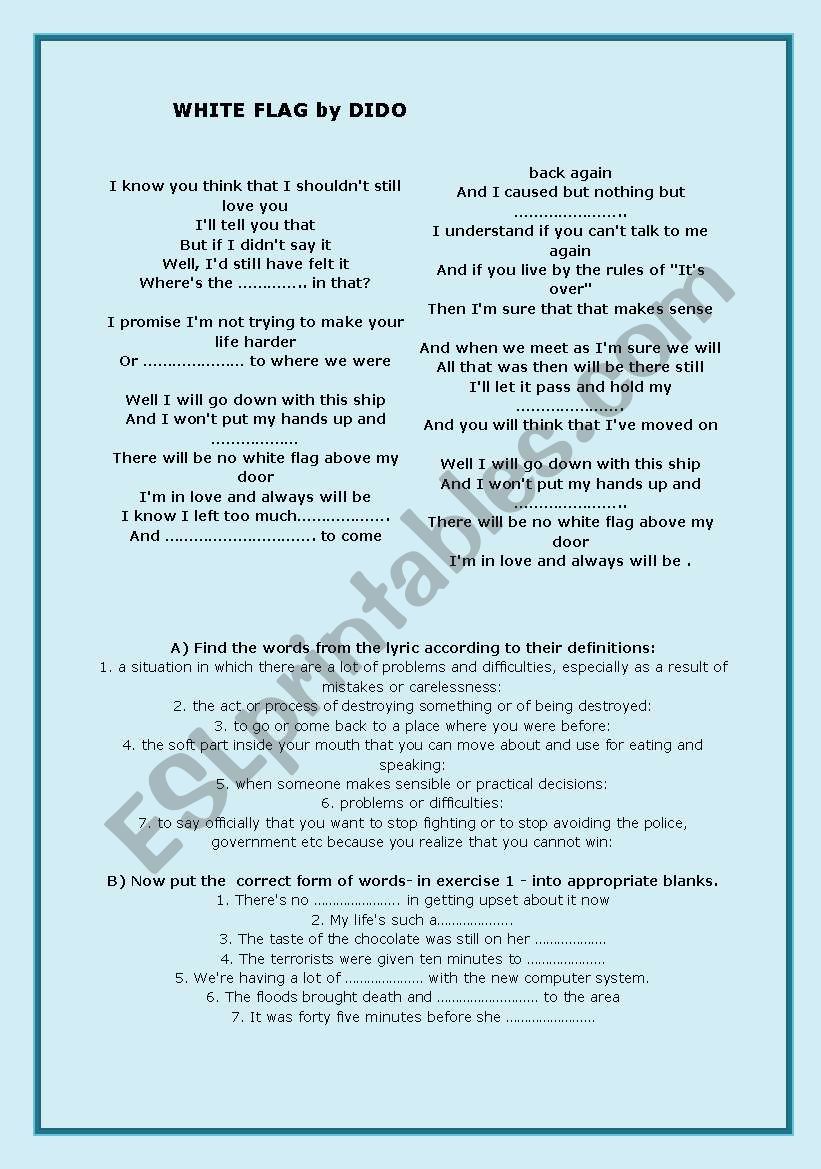 dido white flag lyric worksheet