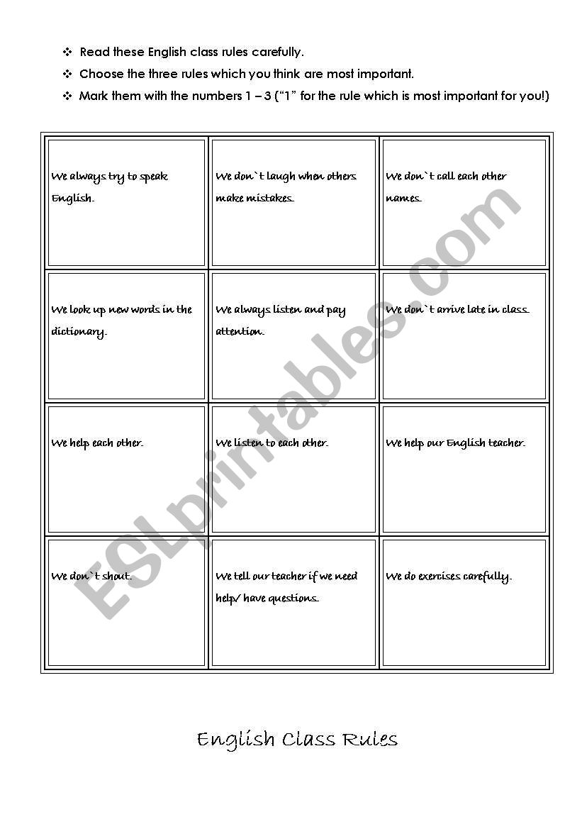 class rules classroom school worksheet