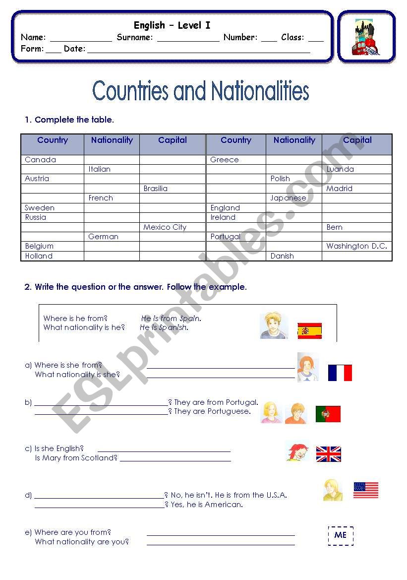 Countries and Nationalities worksheet