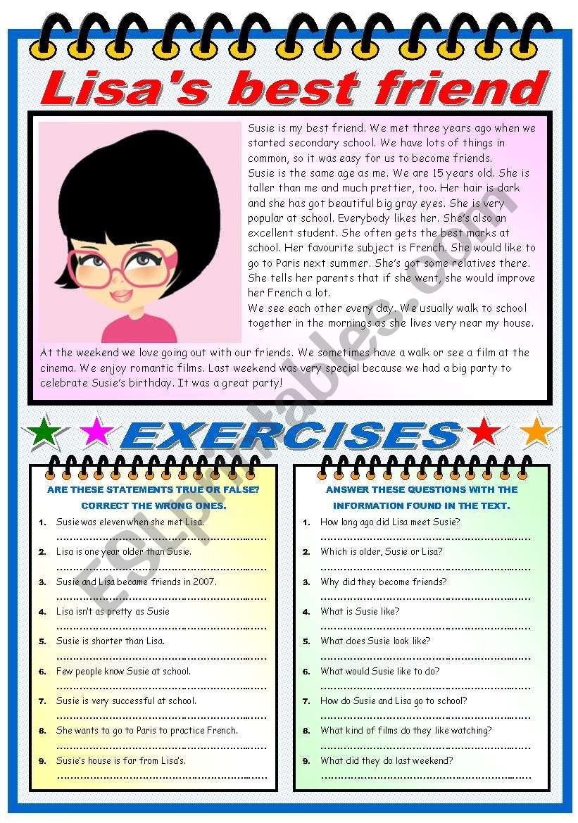 LISAÂ´S BEST FRIEND- READING AND COMPREHENSION (TWO PAGES)