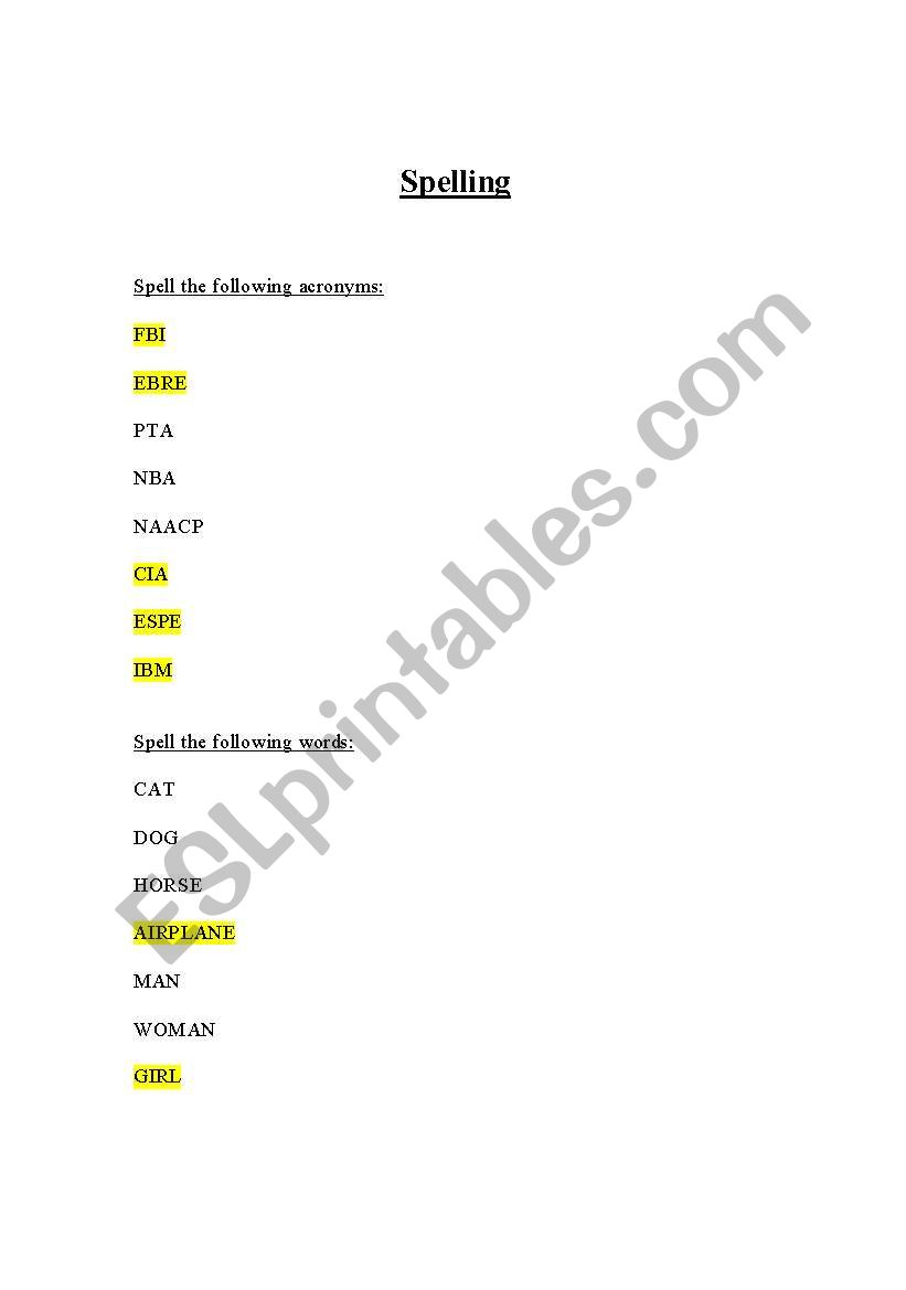 Spelling worksheet