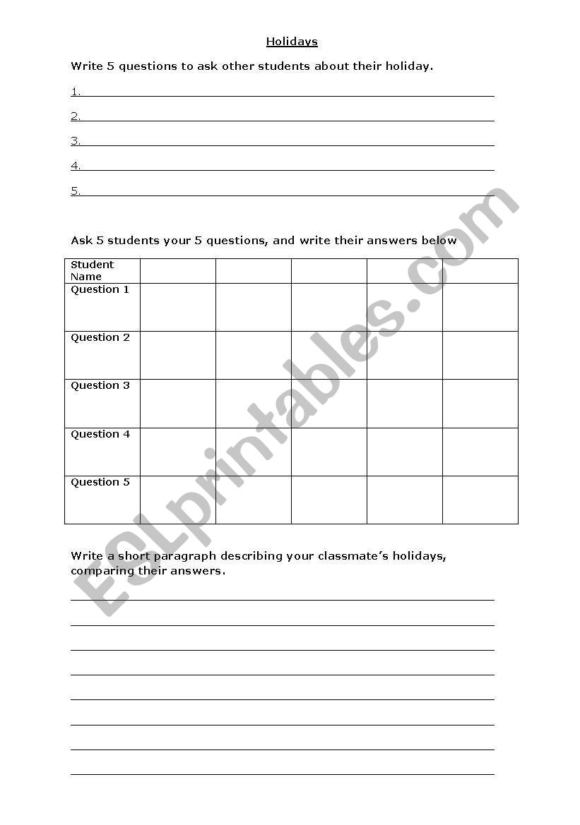 Holiday Questionnaire worksheet