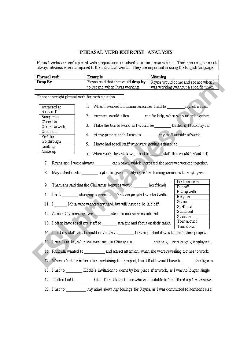 Phrasal Verb Exercise Analysis ESL Worksheet By Glennb