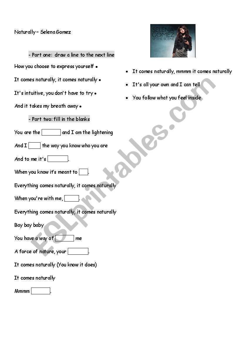 Naturally by Selena Gomez worksheet