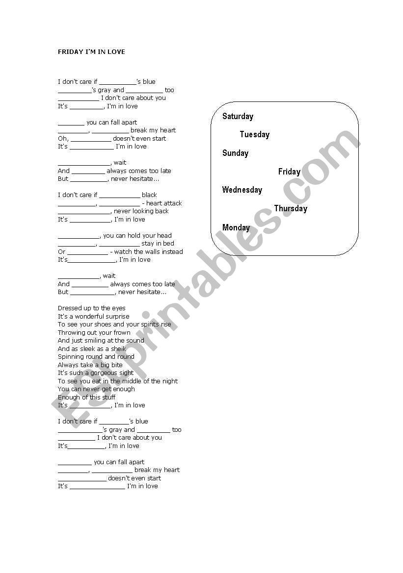 Friday Im in love  worksheet