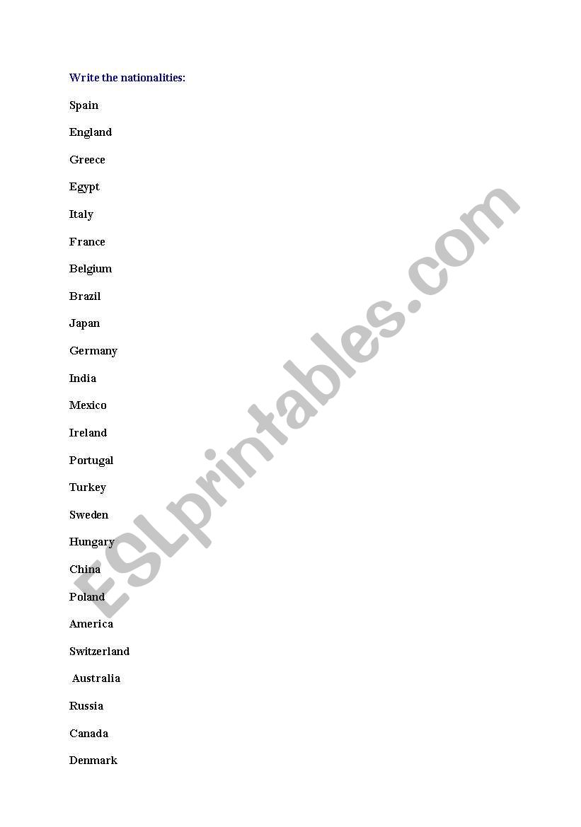 NATIONALITIES worksheet