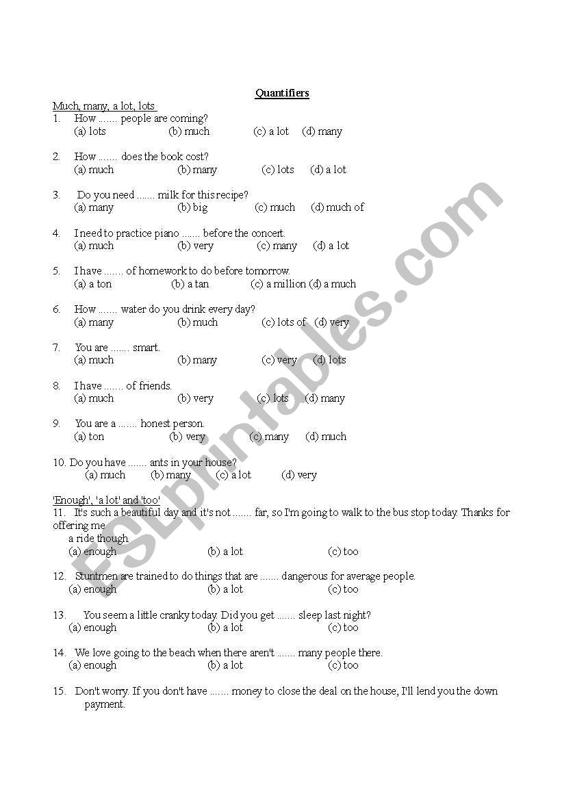 Quantifiers worsheet a-lot many much