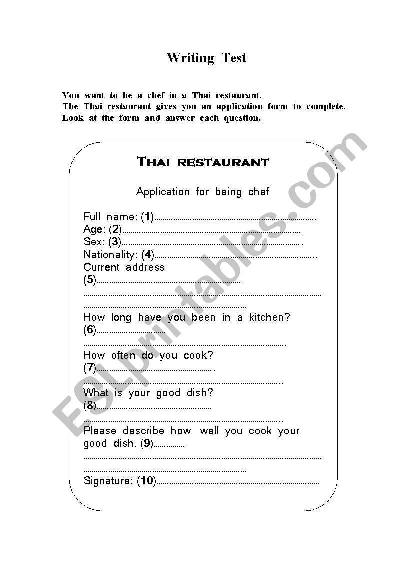 Application for being  a chef worksheet