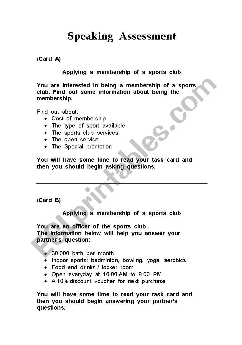 Speaking Assessment worksheet