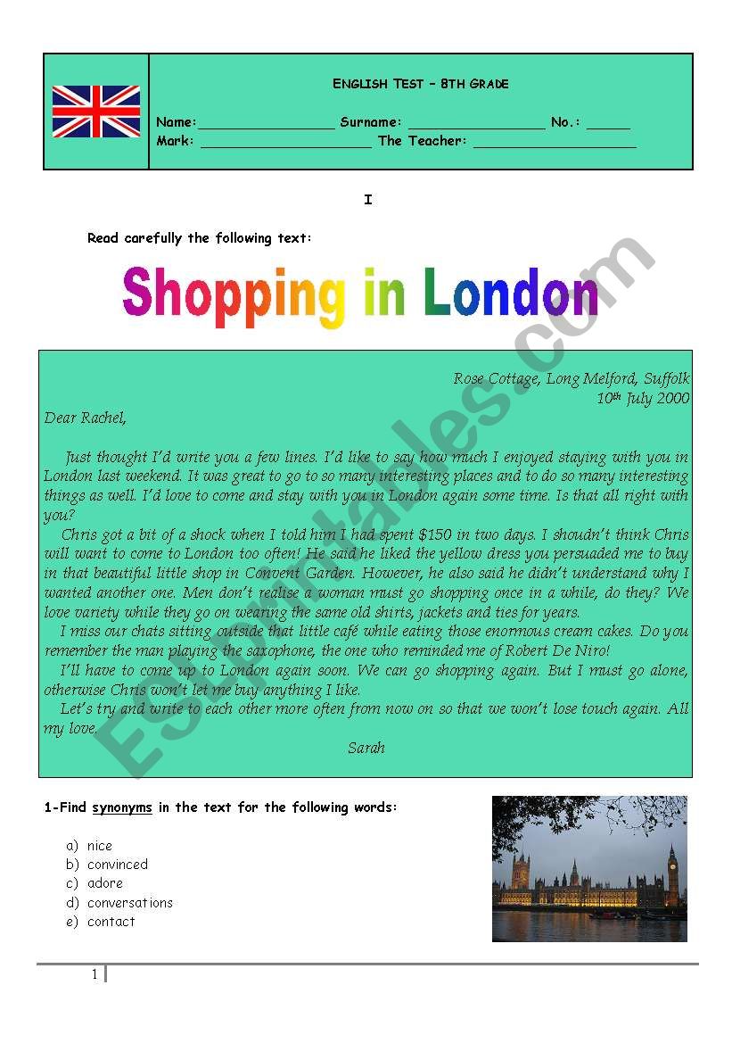 Test - shopping in London worksheet