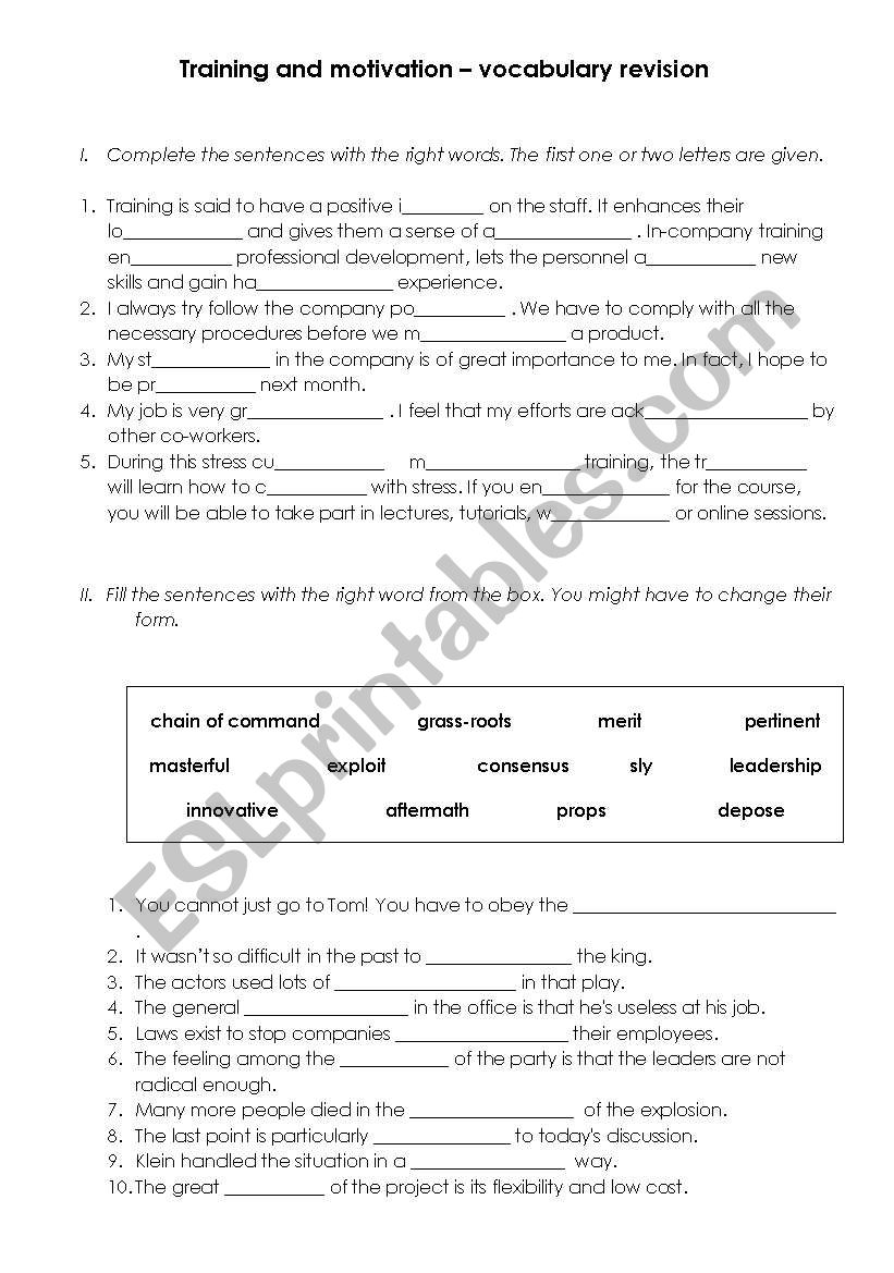 training and motivation (vocabulary revision)