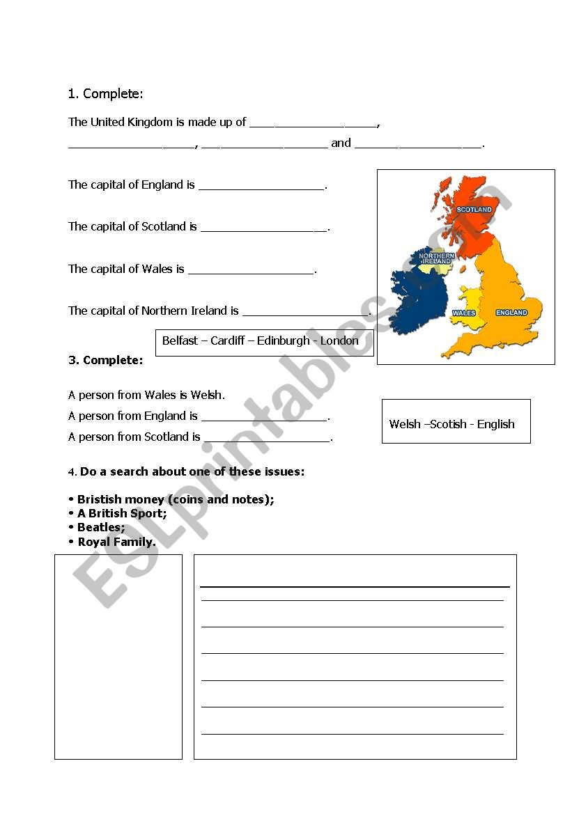 UK and capitals worksheet