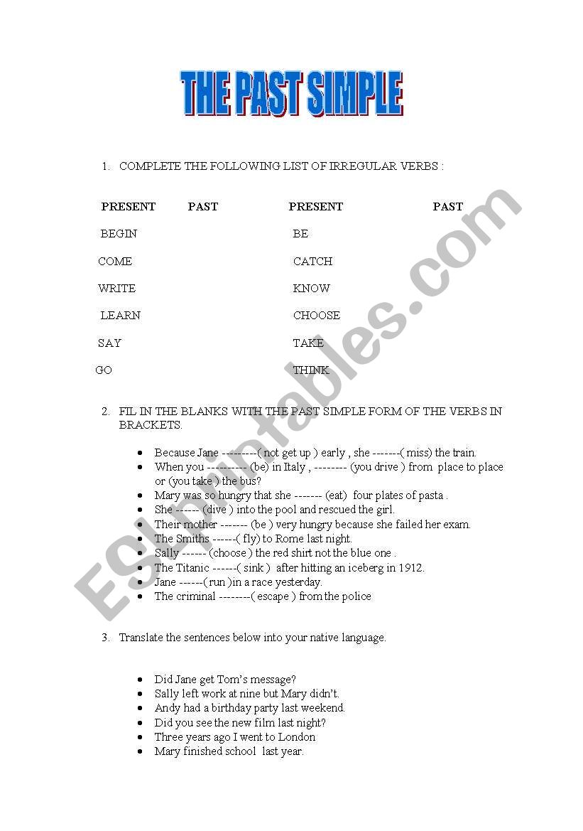 THE PAST SIMPLE  worksheet