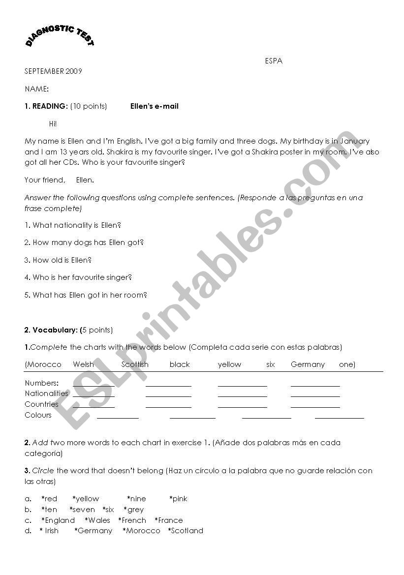 diagnostic test for secondary adults