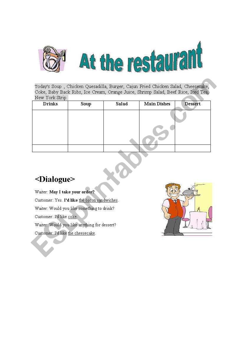 at the restaurant worksheet