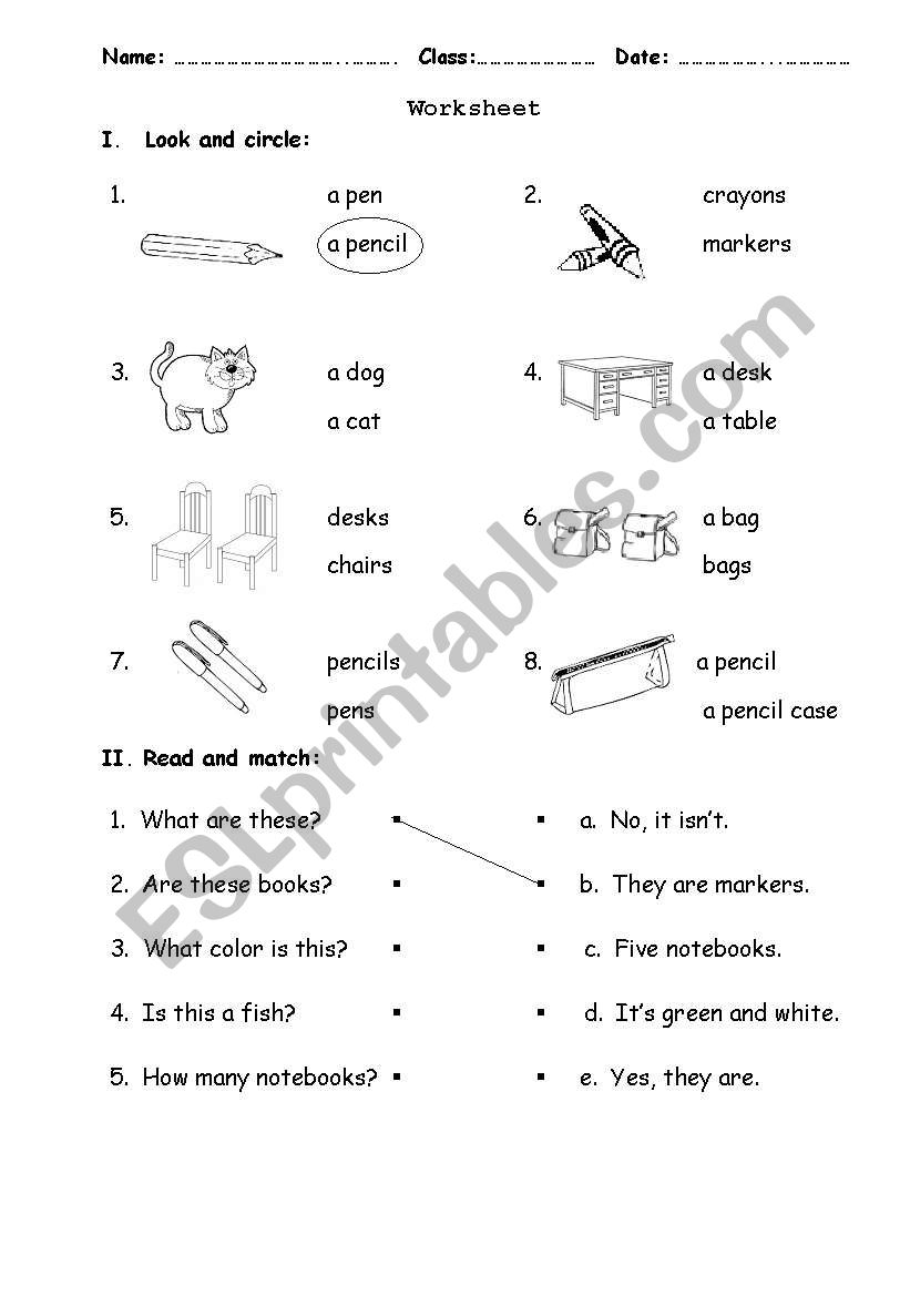 Classroom objects- distinguish Plural and Singular