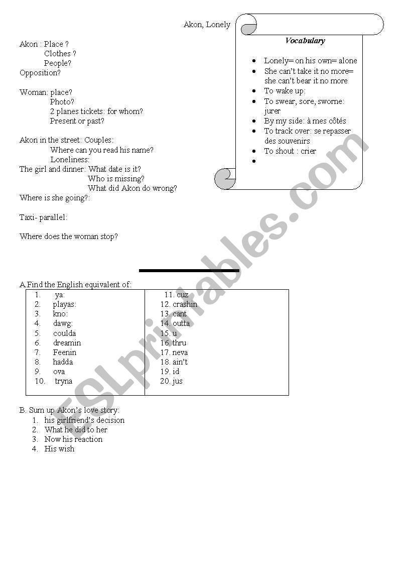 Akon Lonely worksheet