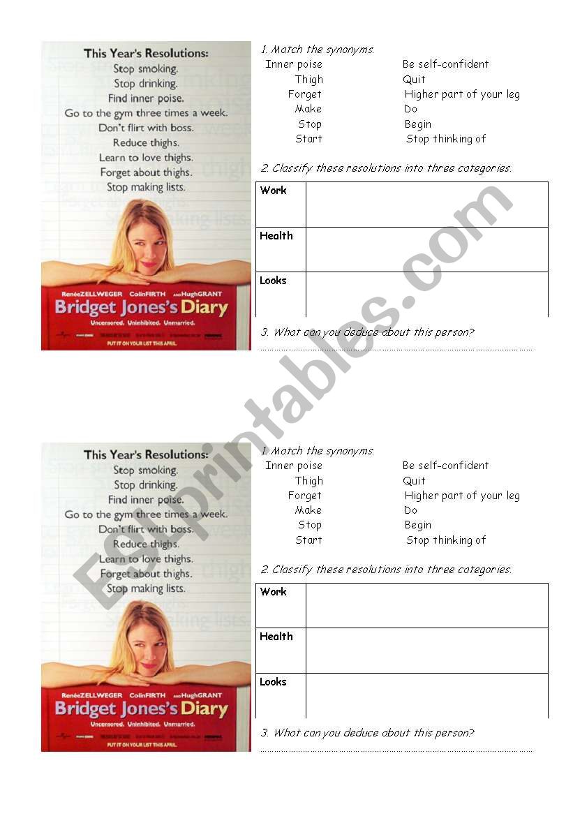 Bridget Jones Resolutions worksheet