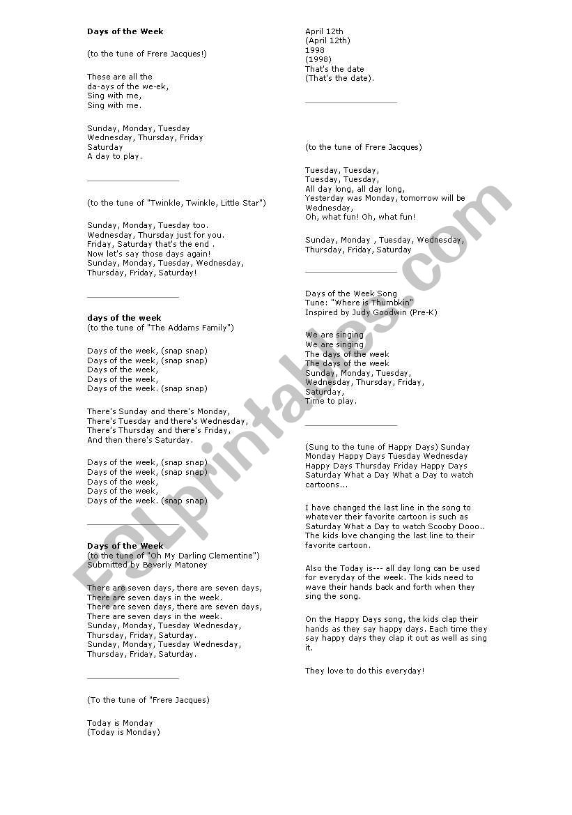 Days of the week songs worksheet