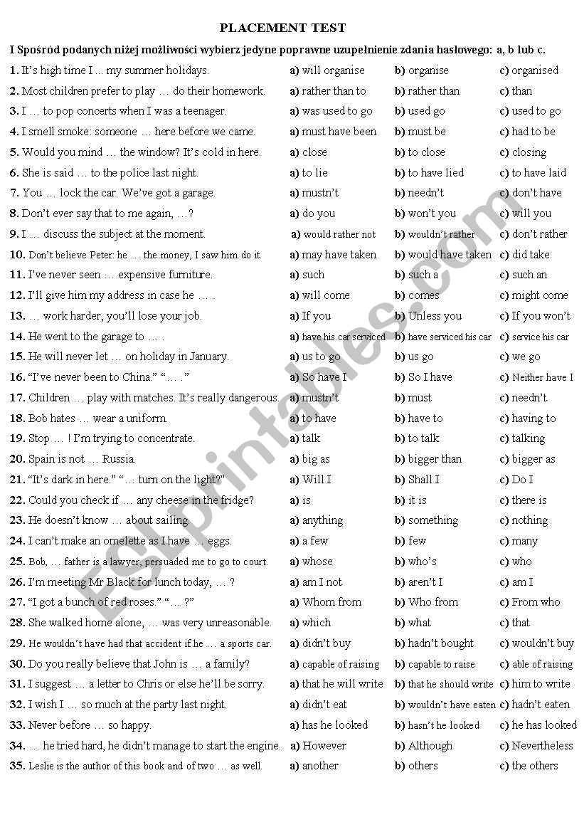 placement test worksheet