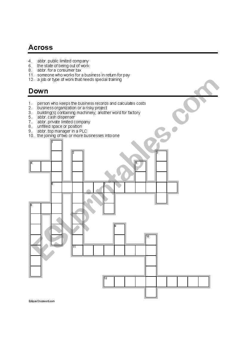 Business English crossword worksheet