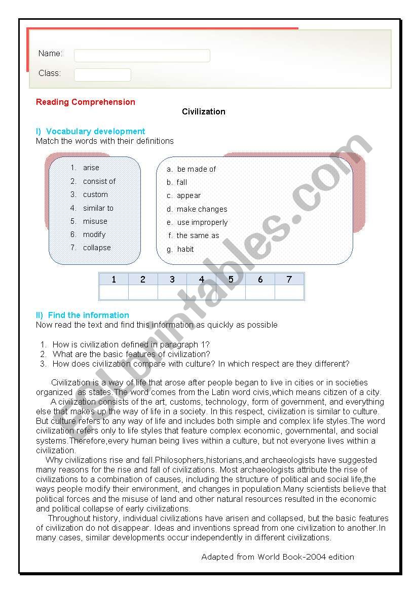 civilzation worksheet