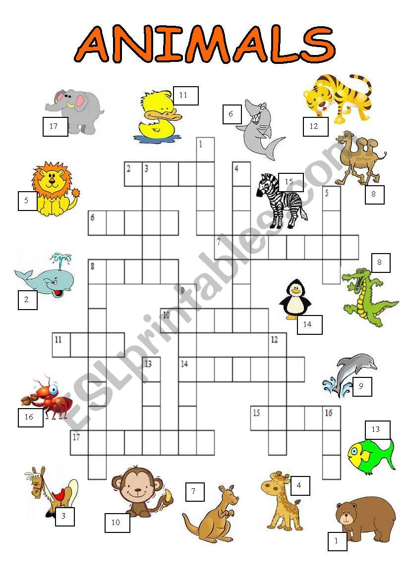 animals crossword puzzle worksheet