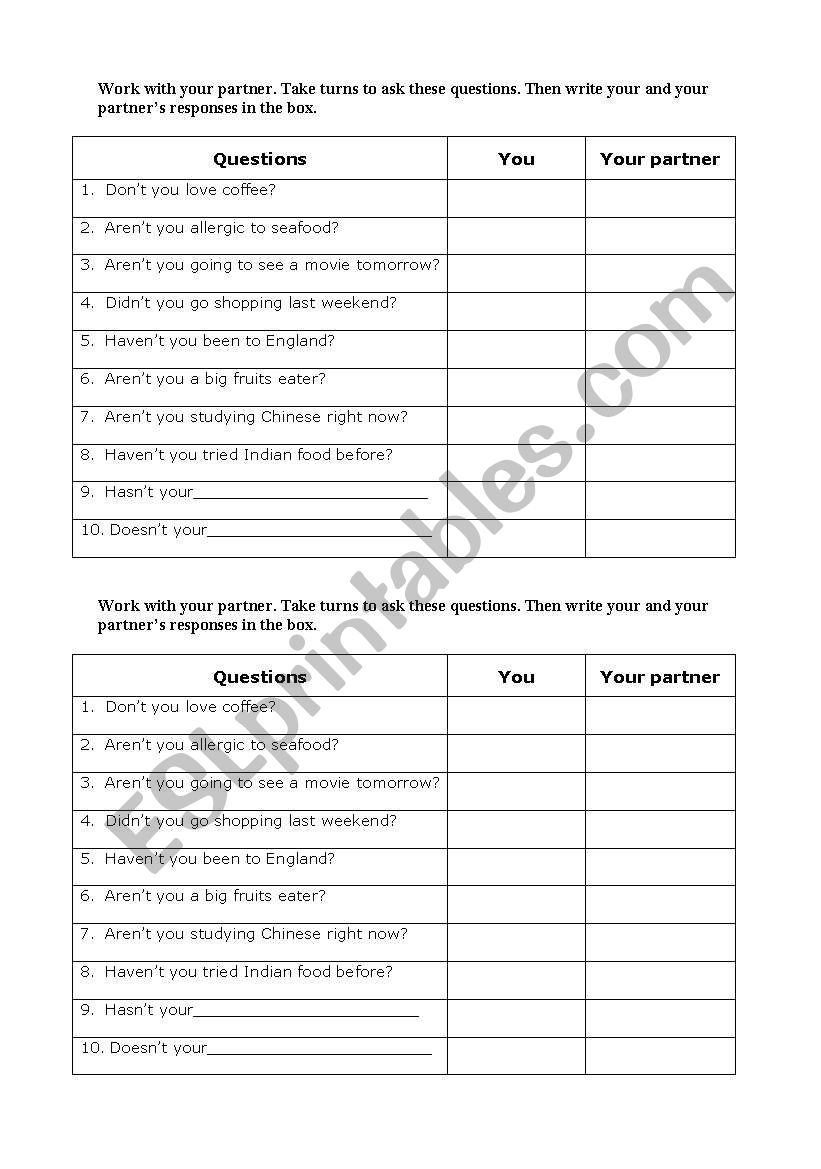 Negative Yes/No Questions worksheet
