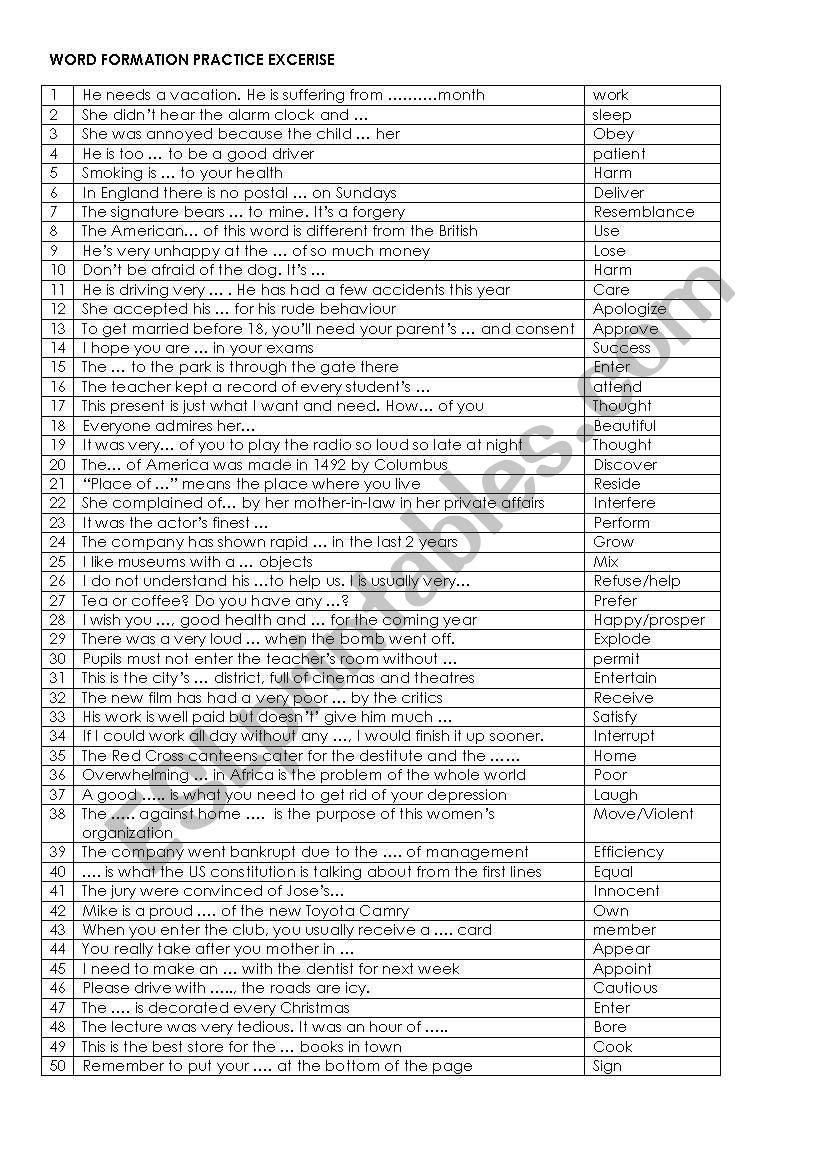 Word Formation practice worksheet