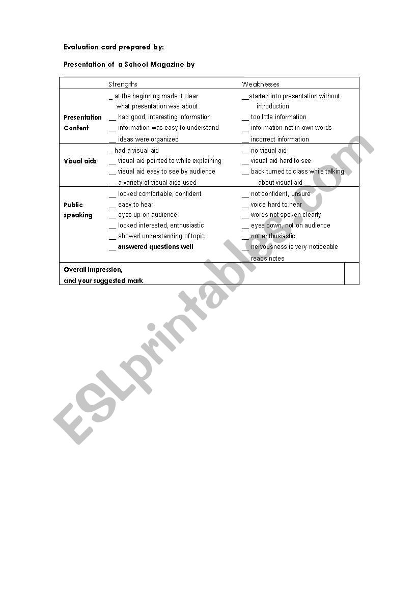 Presentation Evaluation card worksheet