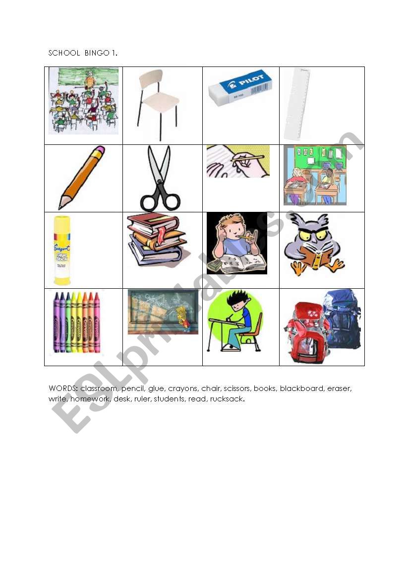 schoola bingo 1 worksheet