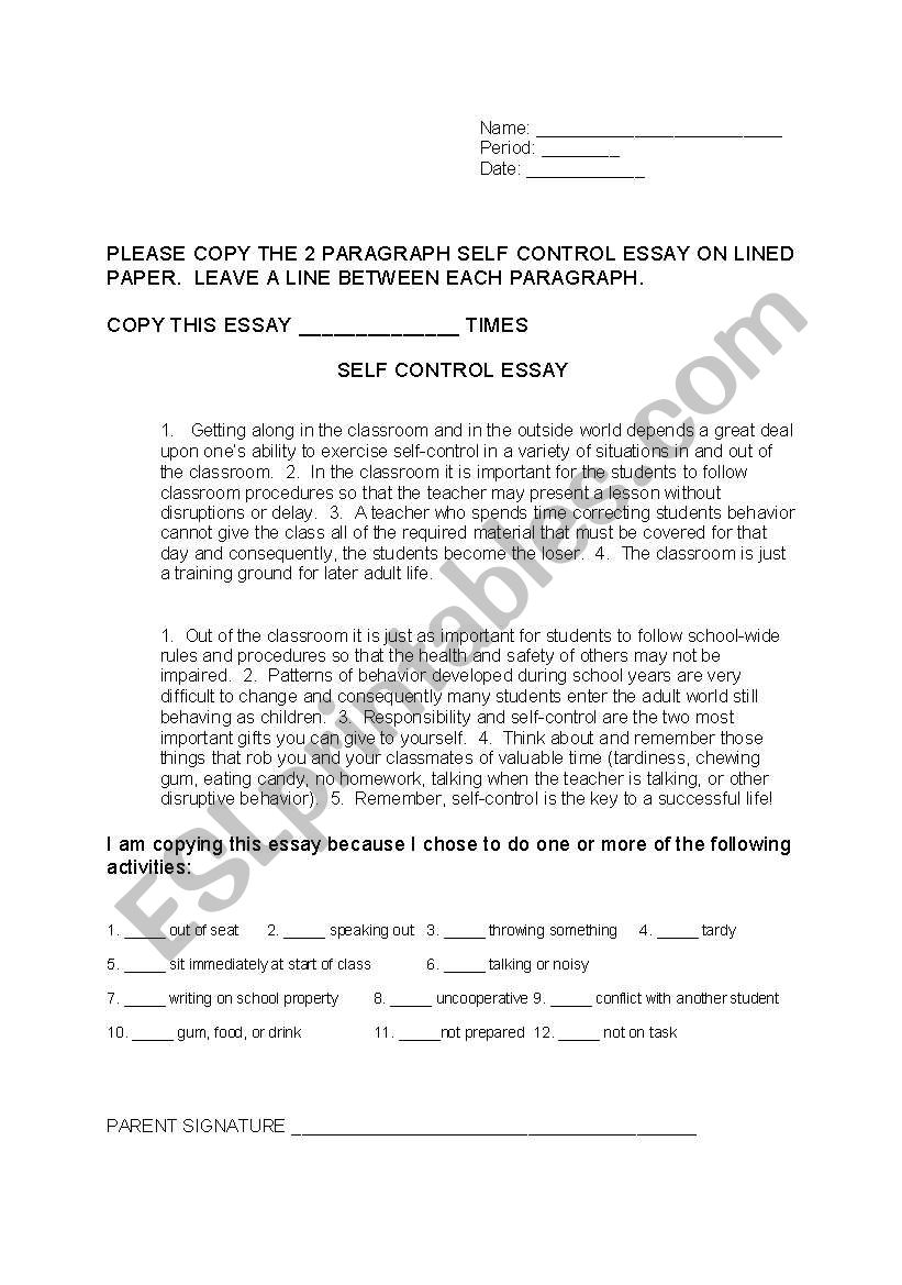 self control during physical activity essay